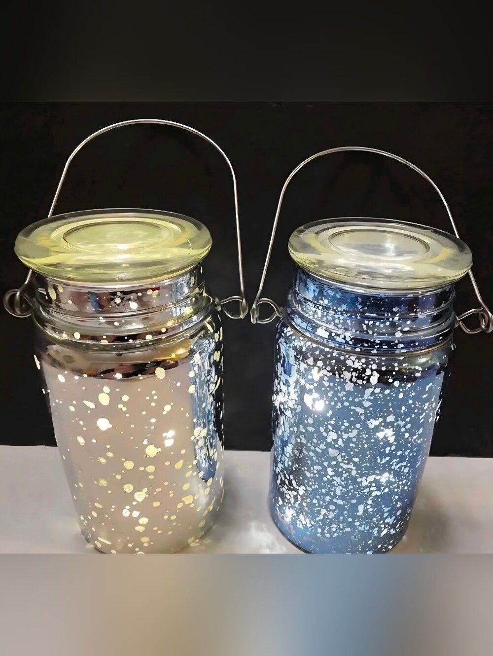 Set of 2 Twinkle Light Speckled Mason Jars - Silver & Blue
